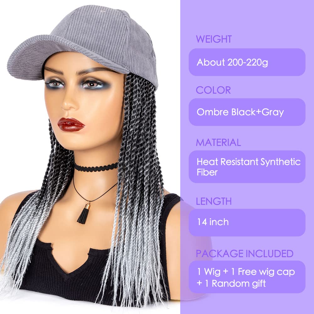 Baseball Cap Braid Wig 14 Inch Ombre Black Gray Small Box Braiding Synthetic Crochet Cornrow Cap Wig With Hat Wigs More Braids Attached For WomenBaseball Cap Braid Wig