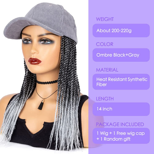 Baseball Cap Braid Wig 14 Inch Ombre Black Gray Small Box Braiding Synthetic Crochet Cornrow Cap Wig With Hat Wigs More Braids Attached For WomenBaseball Cap Braid Wig