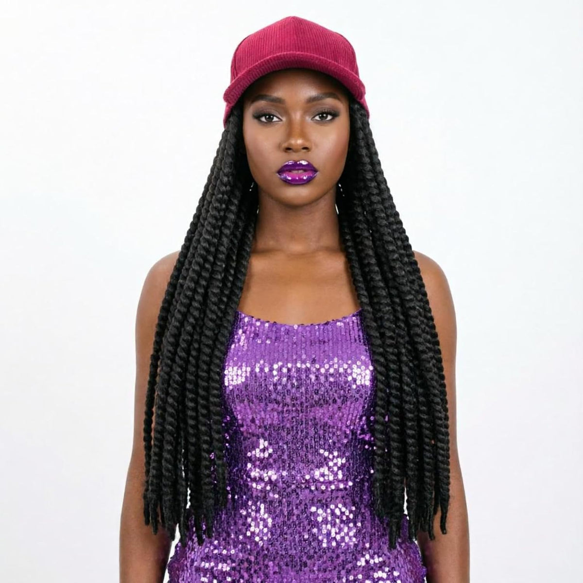 24 Inch Havana Mambo Jumbo Senegalese Braids Hat Wig for Black Women Synthetic Braided Baseball Cap Wig Adjustable Pure Black