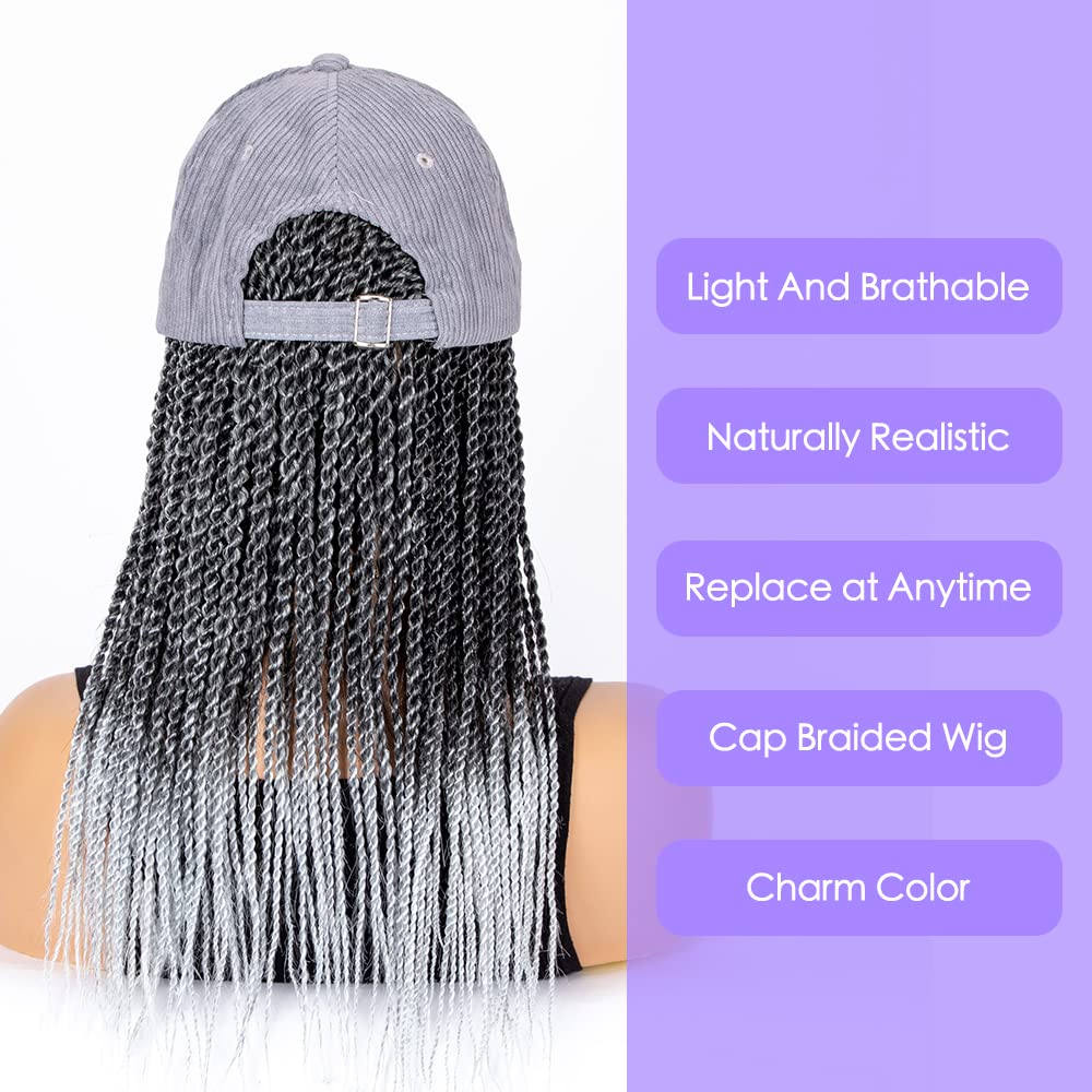 Baseball Cap Braid Wig 14 Inch Ombre Black Gray Small Box Braiding Synthetic Crochet Cornrow Cap Wig With Hat Wigs More Braids Attached For WomenBaseball Cap Braid Wig