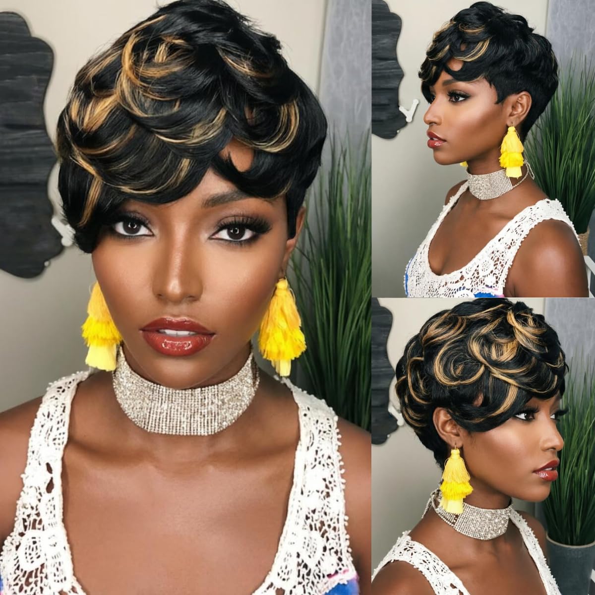 6 Inch Synthetic Bob Wig for Black Women Blond Mix Black Short Curly Wig Big Wave Bob Style Lightweight Machine Made Hairpiece